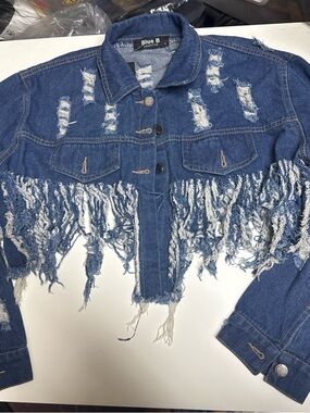 Blue B Distressed Fringe Crop Denim Jacket - Blue